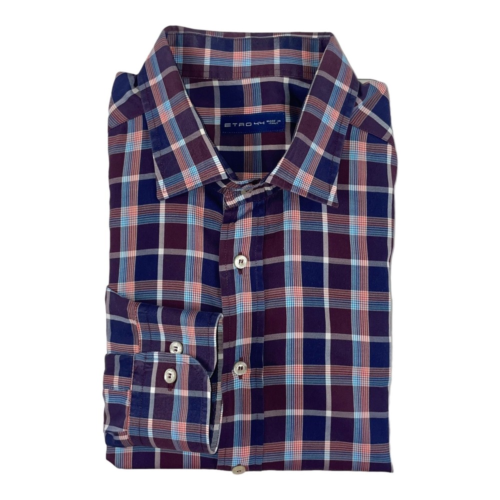 Etro Milano Current Size 44 Mens Red Blue Checked Cotton Button Front LNWOT